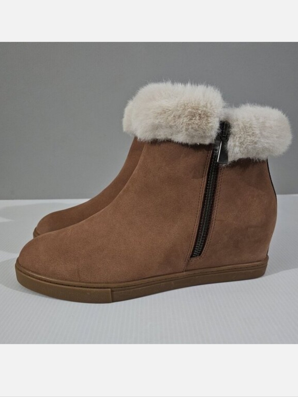 Linea Paolo Flossie Ankle Boot Womens 9 Coconut Tan Leather Wedge Sherpa Cuff